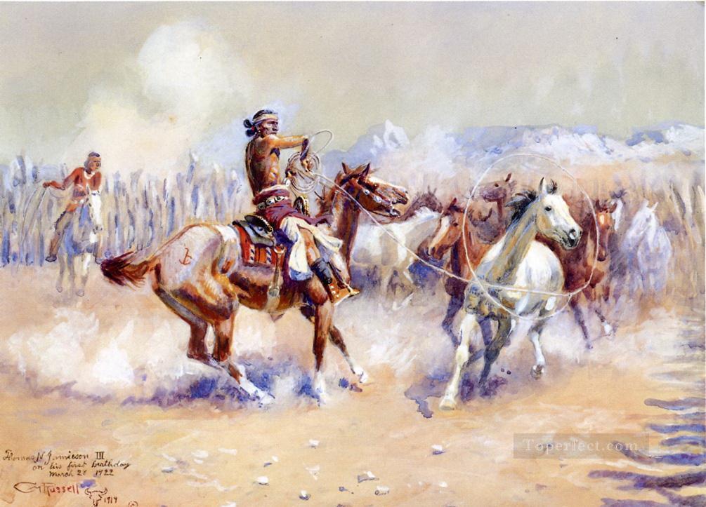 Navajo Wildpferdejäger 1911 Charles Marion Russell Indianer Ölgemälde